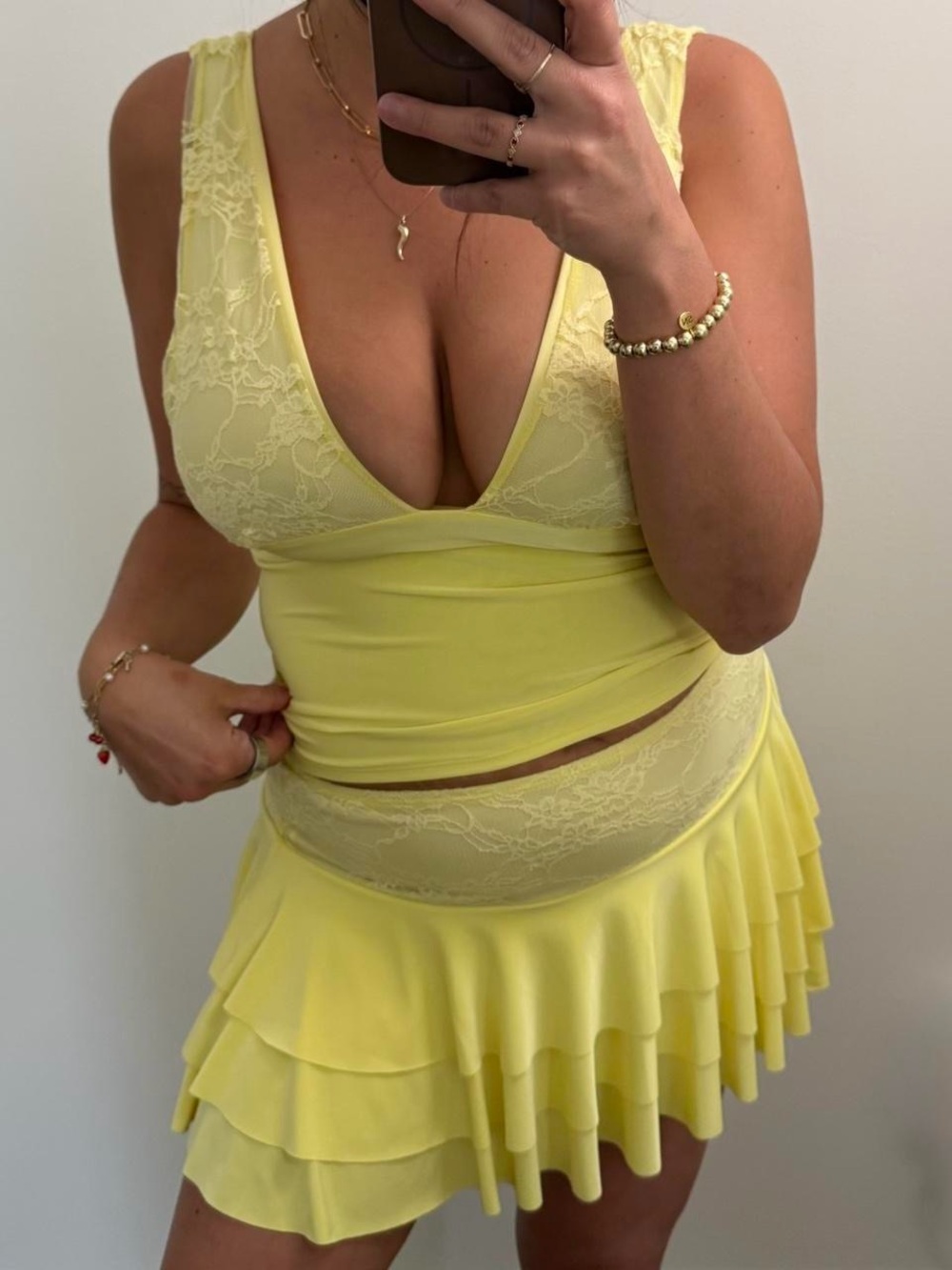 Lemon Yellow Lace Trim Tank and Ruffle Skirt Set